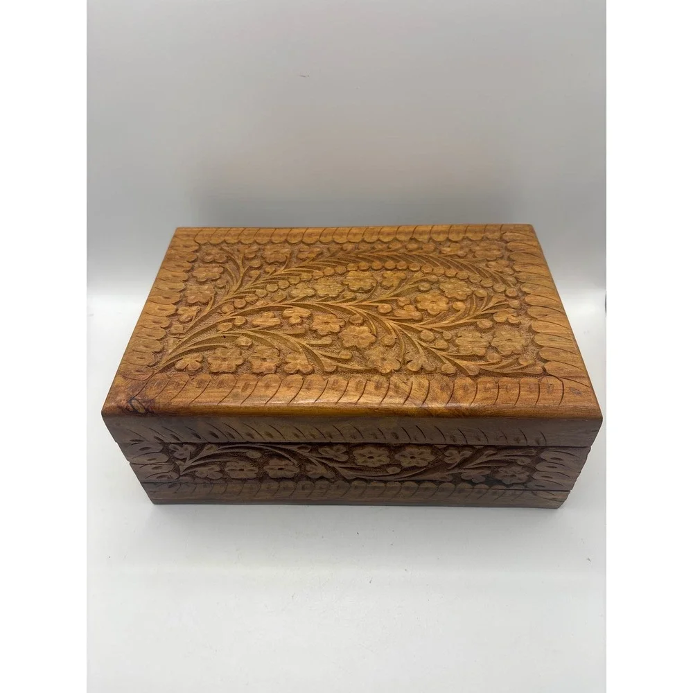 Hand Carved Floral Wooden Jewelry Box Red Velvet Lining Vintage Boho Keepsake